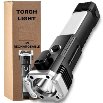 DPM Torch Light,LED 3W Torch Light Rechargeable Torch Flashlight,Long Distance Beam Range Car Rescue Torch with Hammer Window Glass and Seat Belt Cutter Built (COB)